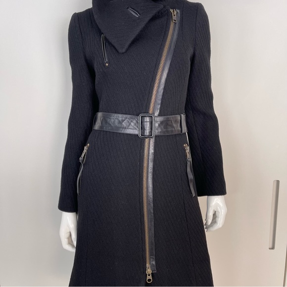 MACKAGE Funnel Neck Asymmetrical Zip Belted Wool Coat in Black - Picture 6 of 12